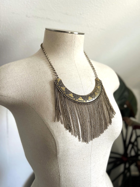 Vintage Boho Fringe Collar Necklace, Plastron Etruscan Belly Dance Jewelry