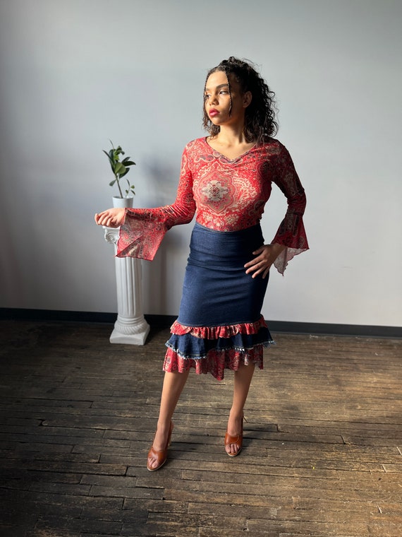 Y2k Paisley Mesh Matching Denim Skirt 
