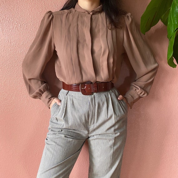 tan high neck gathered blouse | m