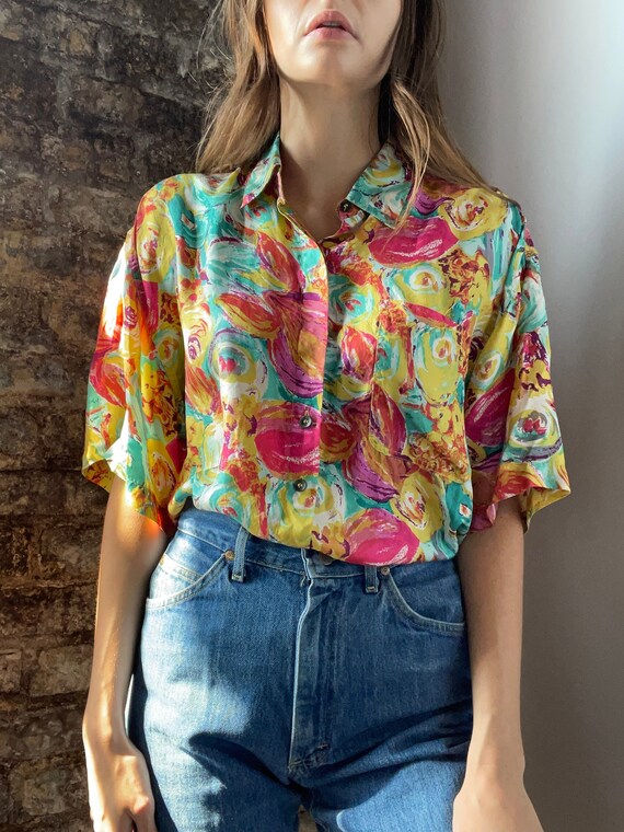 Silk Abstract Rose Print Blouse - image 1