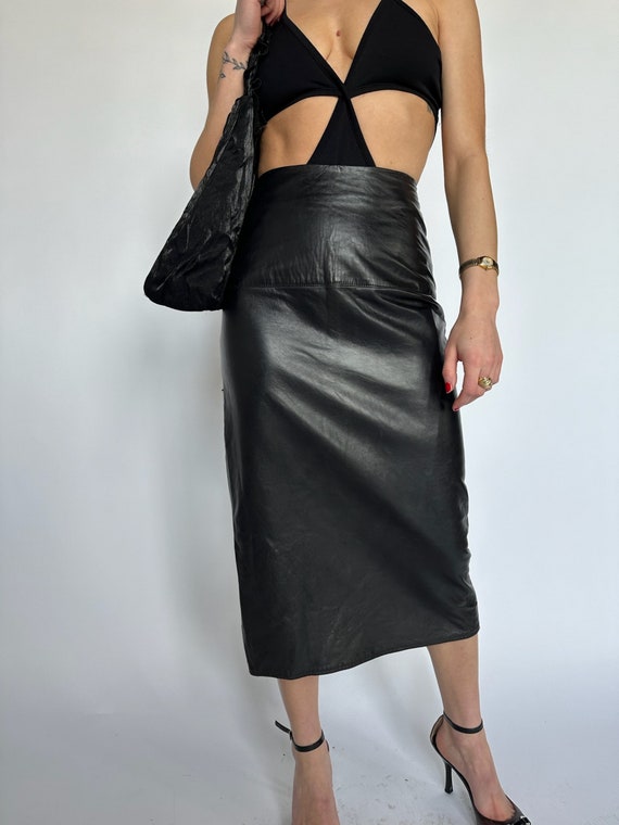 90's Black Leather Midi Skirt - Size xxs - image 4