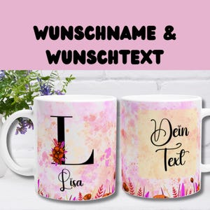 Taza de letras personalizada | Nombre del regalo y texto deseado | acuarela y flores