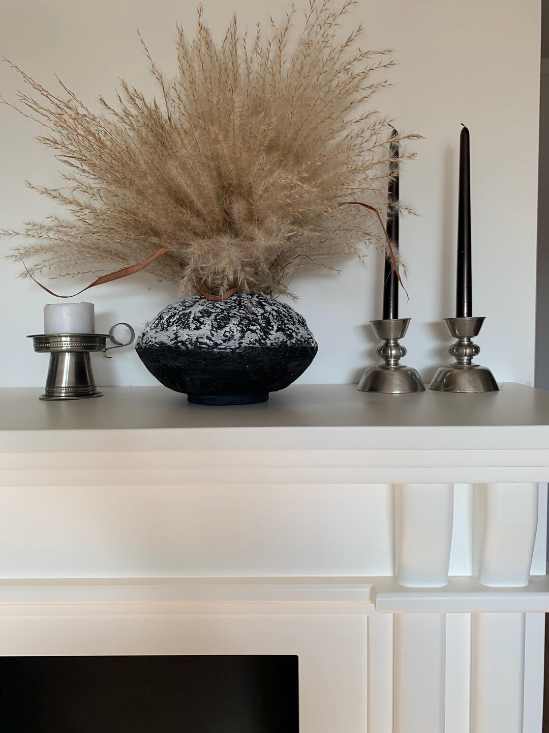 View of Papier-mâché Vase Wabi Sabi Rustic Organic Bulging Embossed Black and White 20cm - Etsy