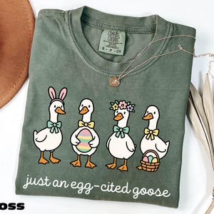 A green t-shirt with a cartoon illustration of four cartoon ducks wearing Easter-themed accessories, accompanied by the text "Just an egg-cited goose".