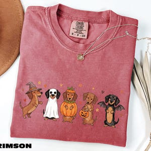 A pink t-shirt with a Halloween-themed graphic of five dogs dressed in costumes, including a witch, a pumpkin, a bat, a pumpkin, and a skeleton.