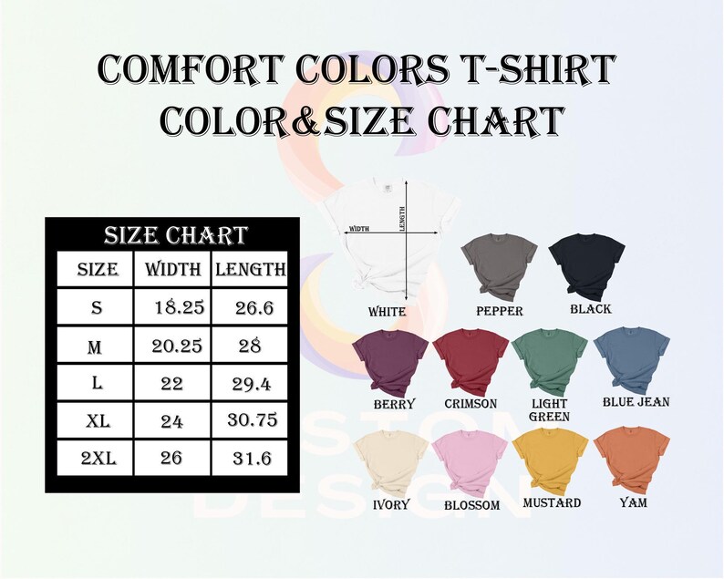 The image is a color and size chart for a t-shirt, displaying various t-shirt colors and their corresponding sizes.