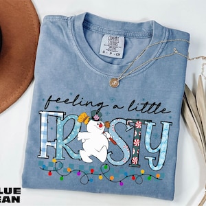 A blue t-shirt with a snowman graphic and the text "feeling a little FROSTY" printed on it, along with a necklace and a hat.