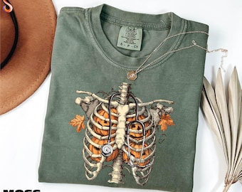 Ribcage Pumpkins Halloween Shirt, Fall Nurse Tee, Healthcare Sweatshirt, Fall Stethoscope Sweater, Gift for Nurse, Comfort Colors T-Shirt