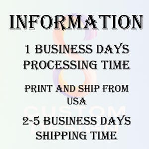 text that provides information about shipping and processing times for a business. It states that the company offers 1 business day's processing time and that the print and ship from the USA are available for 2-5 business days. The shipping time is also mentioned.