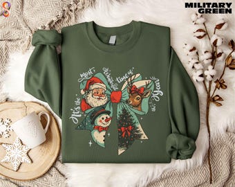 Most Wonderful Time of the Year Sweatshirt, Retro Santa Claus Sweater, Cute Snowman & Reindeer with Coquette Bow Shirt, Merry Christmas Tee