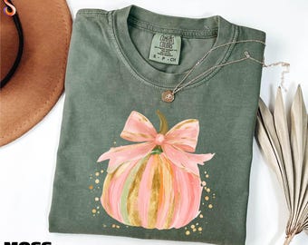 Chemise citrouille avec nœud coquette, t-shirt pour Thanksgiving, sweat-shirt citrouille aquarelle, pull citrouille saison, t-shirt couleurs confort ambiance automne