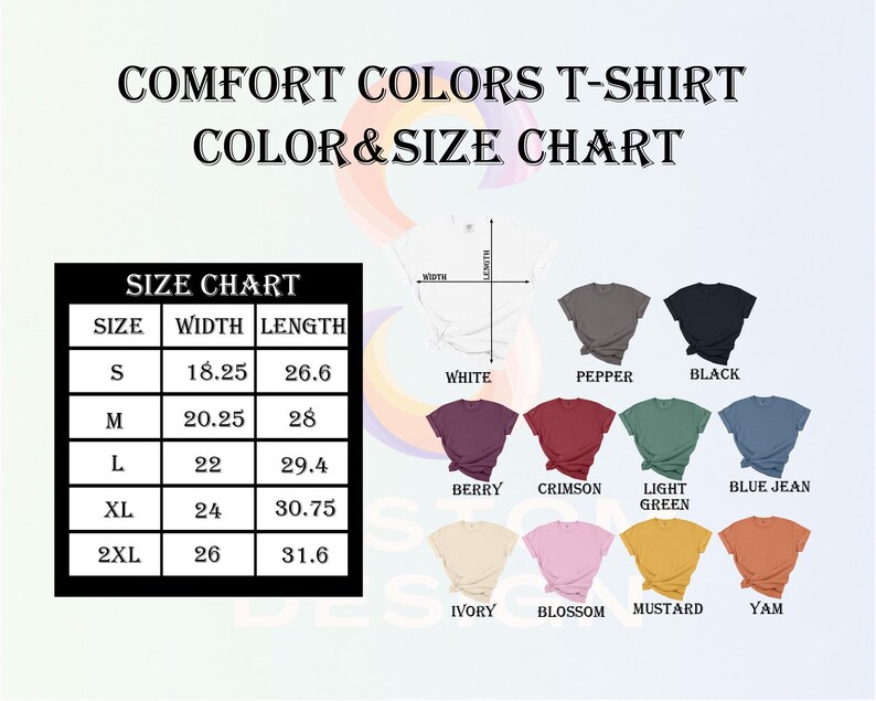 The image is a color and size chart for a t-shirt, displaying various t-shirt colors and their corresponding sizes.