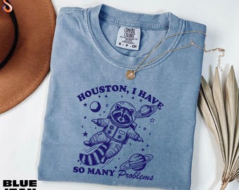 Houston I Have So Many Problems Tee, Comfort Colors, Raccoon in Space Hoodie, Womens Meme Graphic Tees, Funny Galaxy Hoodie, Gift for Women