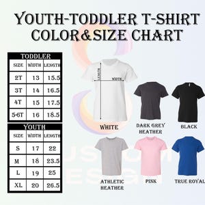 The image is a color and size chart for youth-toddler t-shirts, displaying the different sizes available and their corresponding widths.