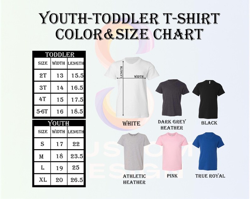 The image is a color and size chart for youth-toddler t-shirts, displaying the different sizes available and their corresponding widths.