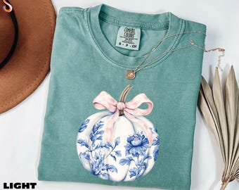 Chemise citrouille avec nœud bleu, chemise automne preppy pour femme, joli sweat-shirt automne, pull citrouille saison, cadeau pour elle, t-shirt couleurs confort