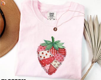 Faux Patchwork Strawberry Shirt, Cute Summer Fruit Shirt, Farmhouse Sweater, Summer Sweatshirt, Comfort Colors T-Shirt