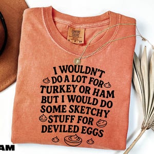 May include: Coral-colored t-shirt with the text "I wouldn't do a lot for turkey or ham but I would do some sketchy stuff for deviled eggs." A gold necklace is draped across the shirt.