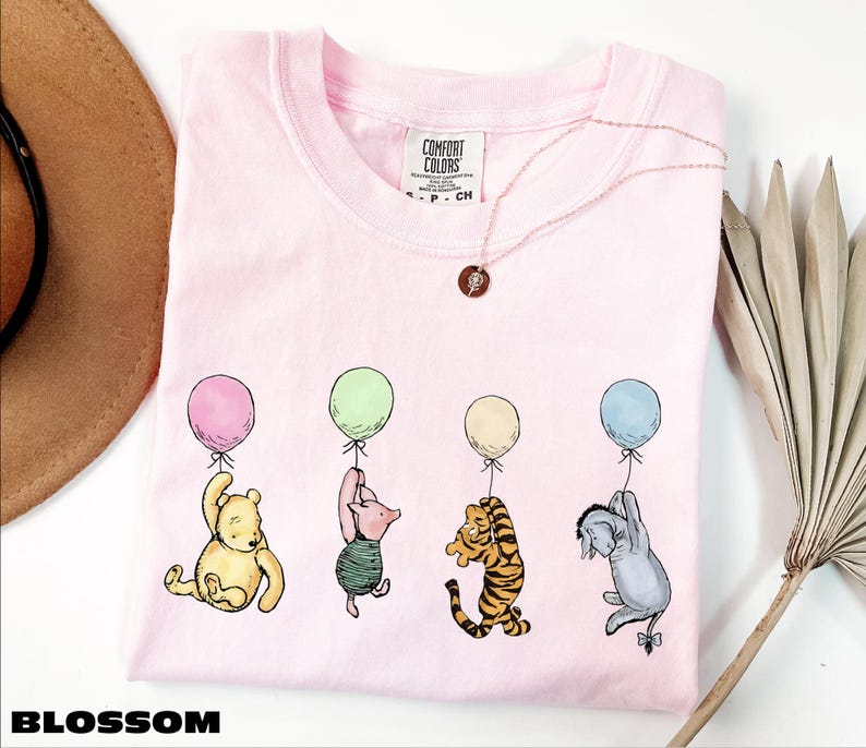 A pink t-shirt with illustrations of four cartoon characters from the Winnie the Pooh series, including Tigger, Tigger's friend, Tigger, and Eeyore, each holding a balloon. The t-shirt is displayed on a white background, with a brown hat and a plant visible in the background.