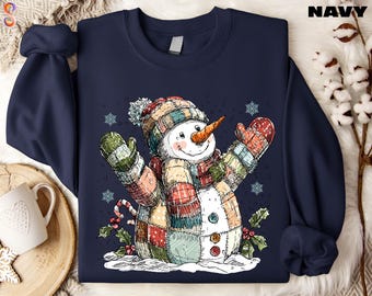 Faux Patchwork Snowman Sweatshirt, Cute Winter Sweater, Cute Snowman Shirt, Holiday Season T-Shirt, Cozy Season Tee, Merry Christmas Tee