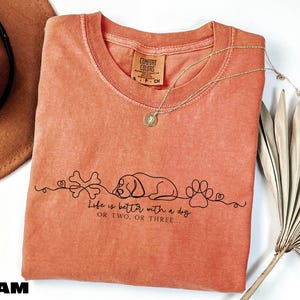 a pink t-shirt with a graphic design, a necklace, a hat, and a plant, all arranged on a white background.