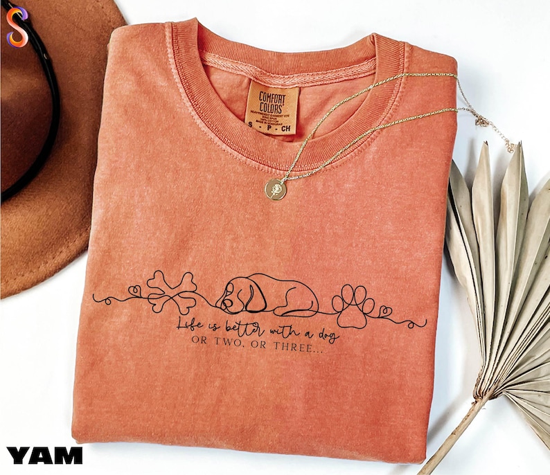 a pink t-shirt with a graphic design, a necklace, a hat, and a plant, all arranged on a white background.