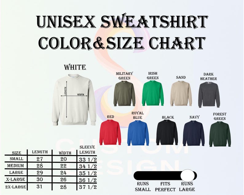 unisex sweatshirt color and size chart