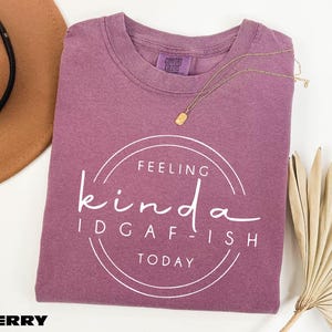 a purple t-shirt with a white text design that says "Feeling kinda idgafish today", along with a brown hat and a fan.