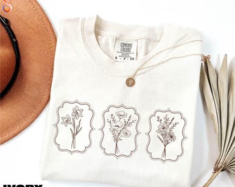 Retro Wildflower Shirt, Boho Floral Stamp Tee, Spring Flower Sweatshirt, Postage Stamp Sweater, Nature Comfort Colors T-Shirt