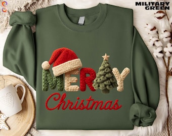 Merry Christmas Sweatshirt, Faux Yarn Christmas Shirt, Christmas Holiday Tee, Xmas Sweater, Xmas Tree T-Shirt