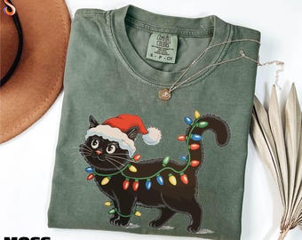 Christmas Black Cat Shirt, Kitten Christmas Sweatshirt, Cat Lover Gift, Cute Black Cat Tee, Cat Mom Sweater, Comfort Colors T-Shirt