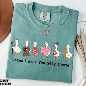 A light green t-shirt with a graphic design of six cartoon ducks, each with a unique outfit and accessory, arranged in a row. The text below the image reads "Jesus Loves You Silly Goose".
