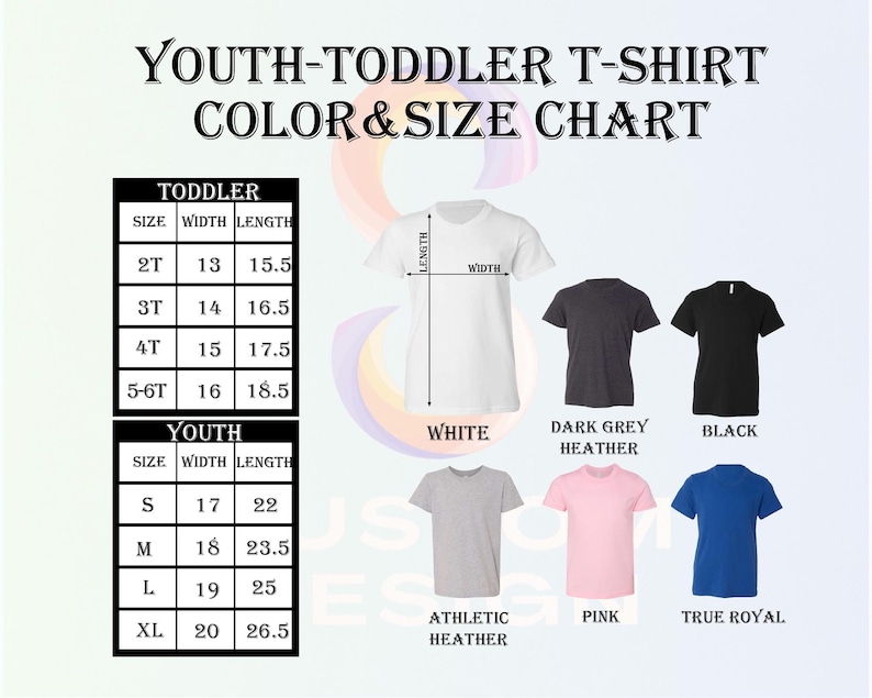 K&ouml;nnte beinhalten: Eine Tabelle mit Gr&ouml;&szlig;en und Farben f&uuml;r T-Shirts f&uuml;r Jugendliche und Kleinkinder. Die Tabelle enth&auml;lt Gr&ouml;&szlig;en f&uuml;r Kleinkinder und Jugendliche, mit Ma&szlig;en in Zoll. Farben sind Wei&szlig;, Dunkelgrau-Melange, Schwarz, Athletic Heather, Pink und True Royal.