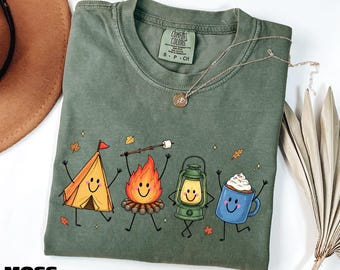 Camping Doodle Shirt, Happy Camper Tee, Campfire Sweatshirt, Camping Lover Gift, Fall Camping Sweater, Comfort Colors T-Shirt