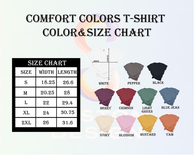 The image is a color and size chart for a t-shirt, displaying various t-shirt colors and their corresponding sizes.