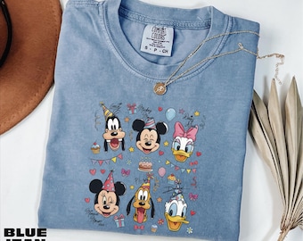 Chemise anniversaire Mickey et ses amis, pull voyage Disney, cadeau Disneyland, t-shirt vacances en famille, t-shirt couleurs confort joyeux anniversaire Disney