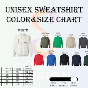 unisex sweatshirt color and size chart