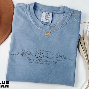 A blue denim t-shirt with a graphic design and text printed on it, along with a necklace and some dried leaves.
