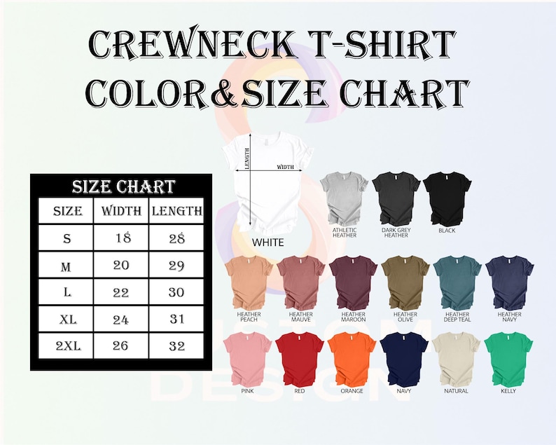 the crew neck t - shirt color and size chart