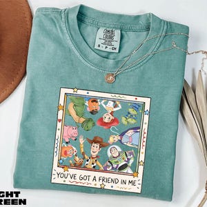 A green t-shirt with a colorful graphic of characters from the Toy Story movie, along with the text "You've Got a Friend in Me" printed on it. The t-shirt is placed on a white surface, and there is a brown hat and some dried leaves nearby.