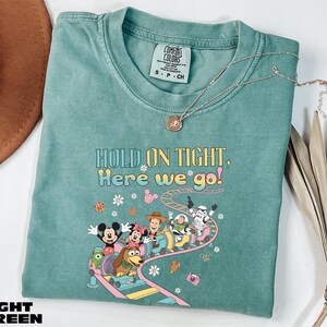 A light green t-shirt with a colorful graphic of Disney characters on a roller coaster, along with the text "HOLD ON TIGHT, HERE WE'VE GO!" The t-shirt is displayed on a white surface, with a brown hat and some dried leaves in the background.
