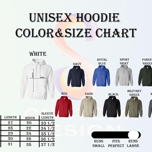 The image is a color and size chart for a unisex hoodie, displaying various color options and corresponding sizes.