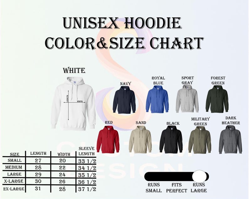 The image is a color and size chart for a unisex hoodie, displaying various color options and corresponding sizes.