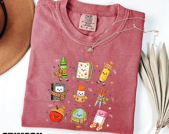 T-shirt d'automne pour enseignant(e), Sweat-shirt mignon pour fournitures scolaires, Cadeau pour enseignant(e), T-shirt de saison d'automne, T-shirt aux couleurs confortables