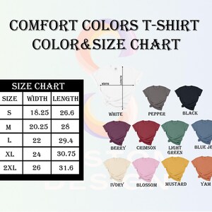 The image is a color and size chart for a t-shirt, displaying various t-shirt colors and their corresponding sizes.