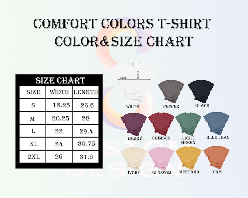 The image is a color and size chart for a t-shirt, displaying various t-shirt colors and their corresponding sizes.