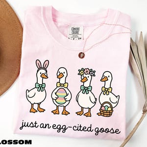 A pink t-shirt with a cartoon illustration of four cartoon ducks wearing Easter-themed accessories, accompanied by the text "just an egg-cited goose".
