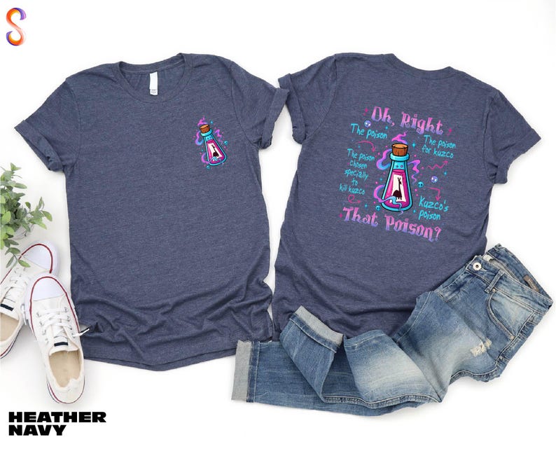 a pair of blue t-shirts with a colorful graphic and text on the back, along with a pair of jeans and sneakers.