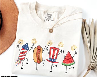 Chemise patriotique de griffonnage, sweat-shirt de feu d'artifice de hot-dog pastèque, t-shirt du 4 juillet, cadeau du jour de l'indépendance, t-shirt couleurs confort