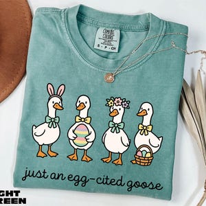A light green t-shirt with a cartoon illustration of four cartoon ducks wearing Easter-themed accessories, accompanied by the text "just an egg-cited goose".